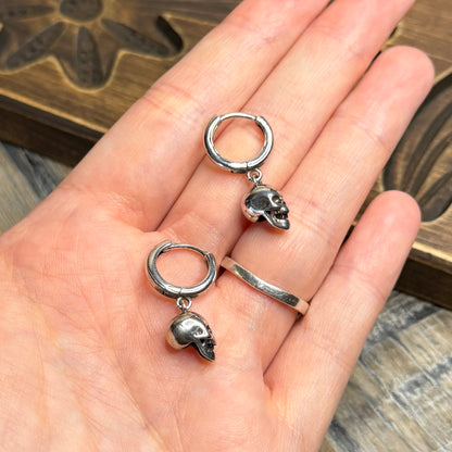 Gothic Sterling Silver / Stainless Steel Huggie Hoop Skull Earrings