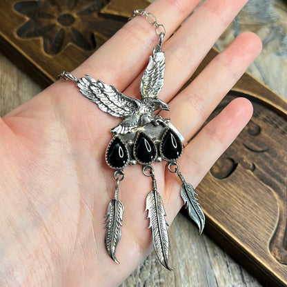 Native American Navajo Richard Begay Sterling Silver with Onyx Eagle Feather Necklace