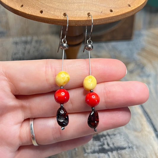 Beautiful Artisan Sterling Silver Butterscotch & Cognac Amber Coral Wire Earrings