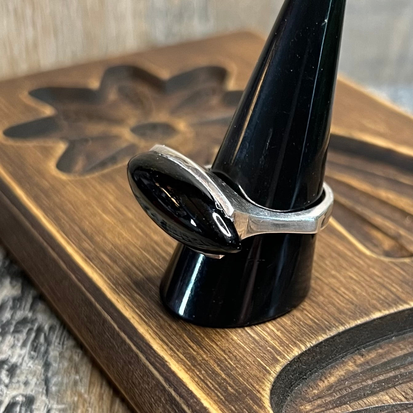 Chunky Modernist Sterling Silver Black Onyx Large Ring Size R 1/2
