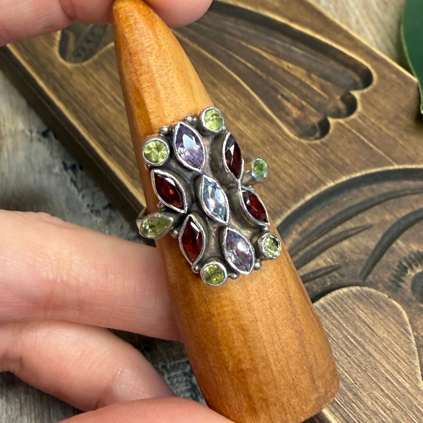 Beautiful Sterling Silver Multi Gemstone Harlequin Ring size N