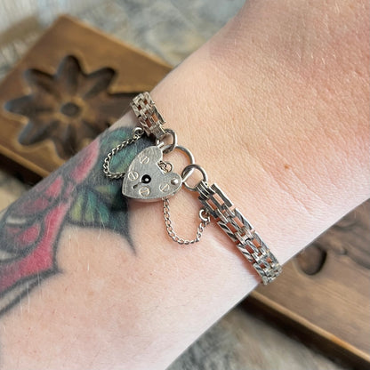 Sterling Silver Heart Padlock Gate Bracelet 7 1/2 Inch Length