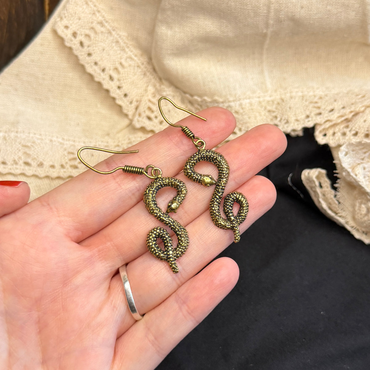 Beautiful Solid Brass Snake Serpent Drop Earrings