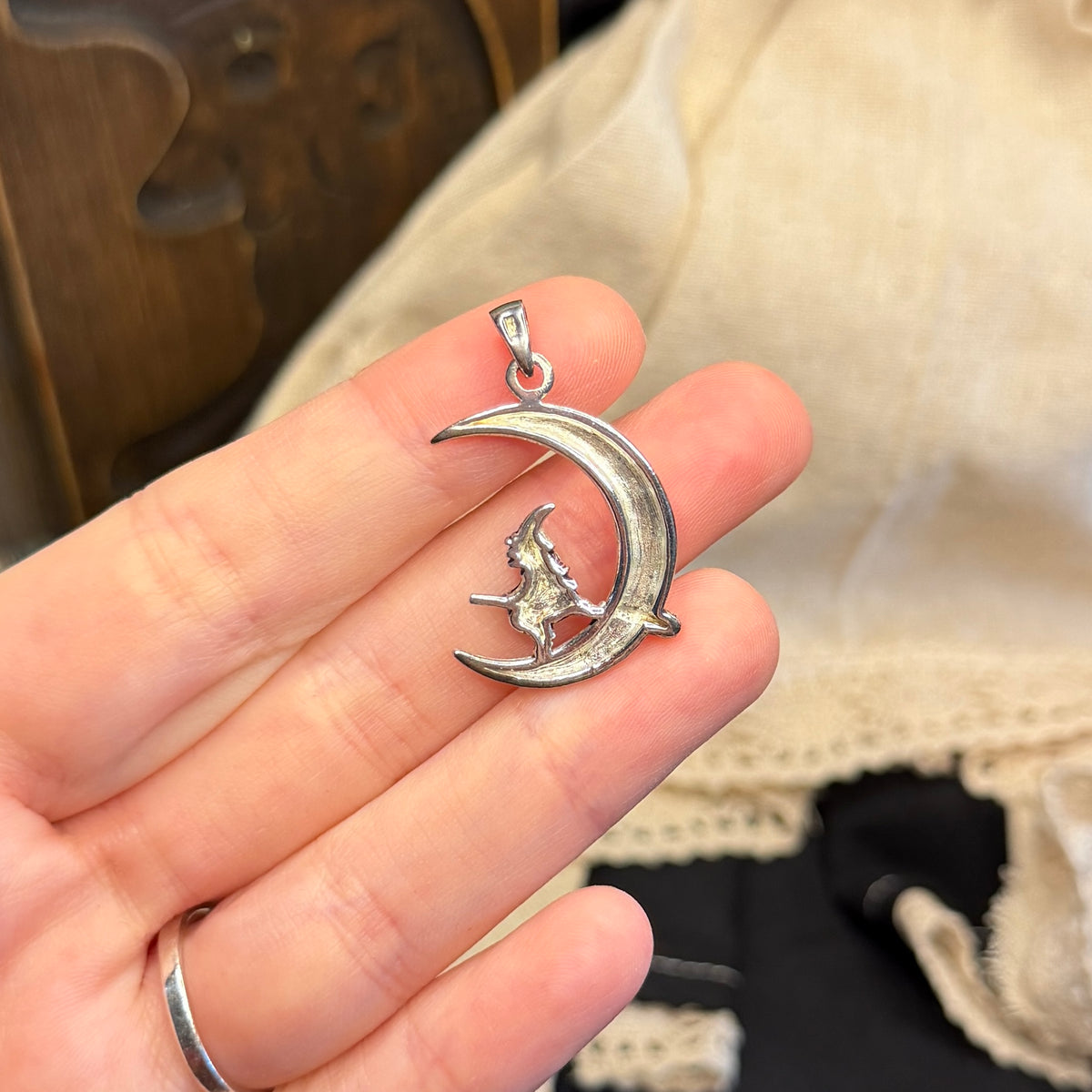 Spooky Sterling Silver Witch Flying Over The Moon Pendant