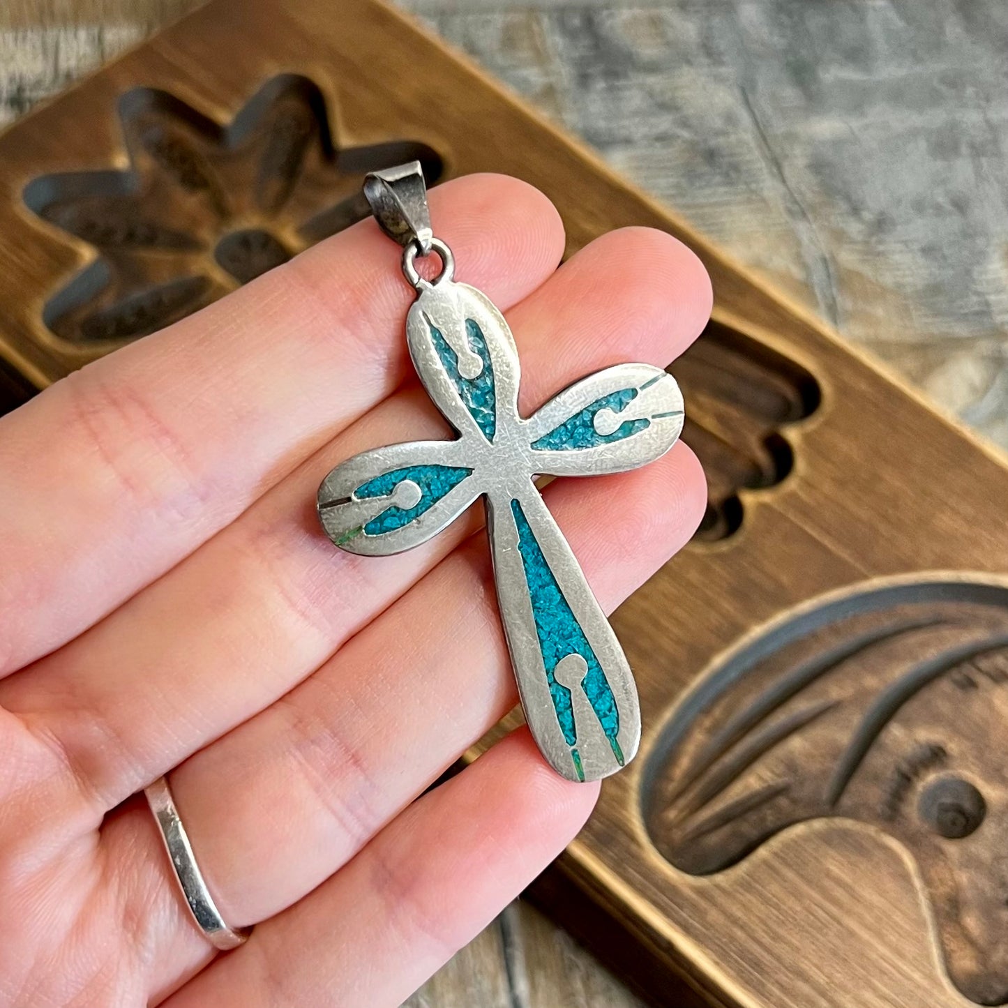 Vintage Sterling Silver Mexican Taxco Turquoise Chip Inlay Cross Pendant