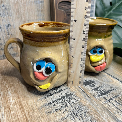 Vintage Pretty Ugly Pottery Face Glazed Stoneware Set of 2 Mugs