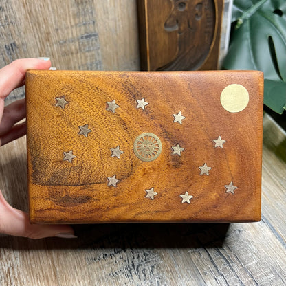 Dreamy 90s Celestial Wooden Moon Star Sun Jewellery / Trinket Box Curio