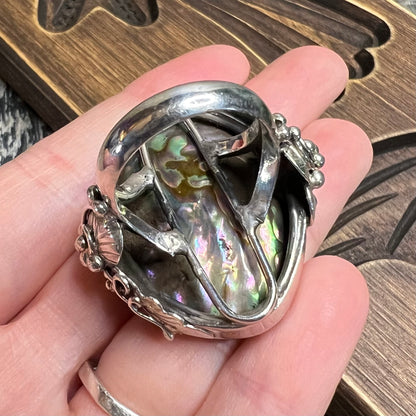 Dreamy Large Artisan Sterling Silver Abalone Shell Floral Ornate Ring size R 1/2