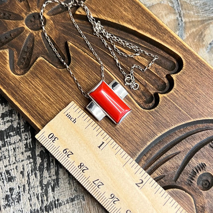 Art Deco Style Sterling Silver Red Brick Chunky Cross Pendant Necklace