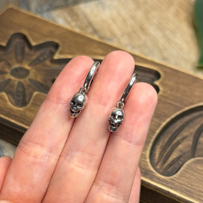 Gothic Sterling Silver / Stainless Steel Huggie Hoop Skull Earrings