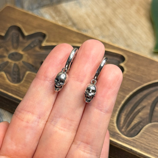 Gothic Sterling Silver / Stainless Steel Huggie Hoop Skull Earrings