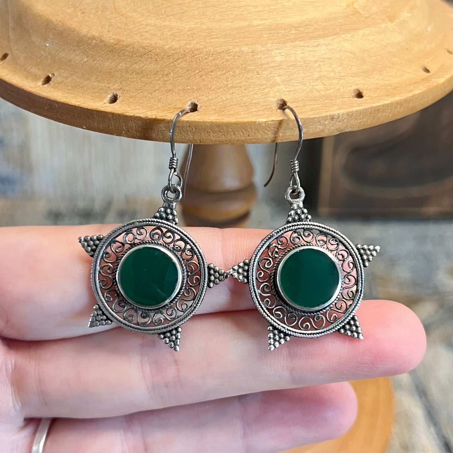 Celestial Star Sterling Silver Green Onyx Filigree Ornate Earrings