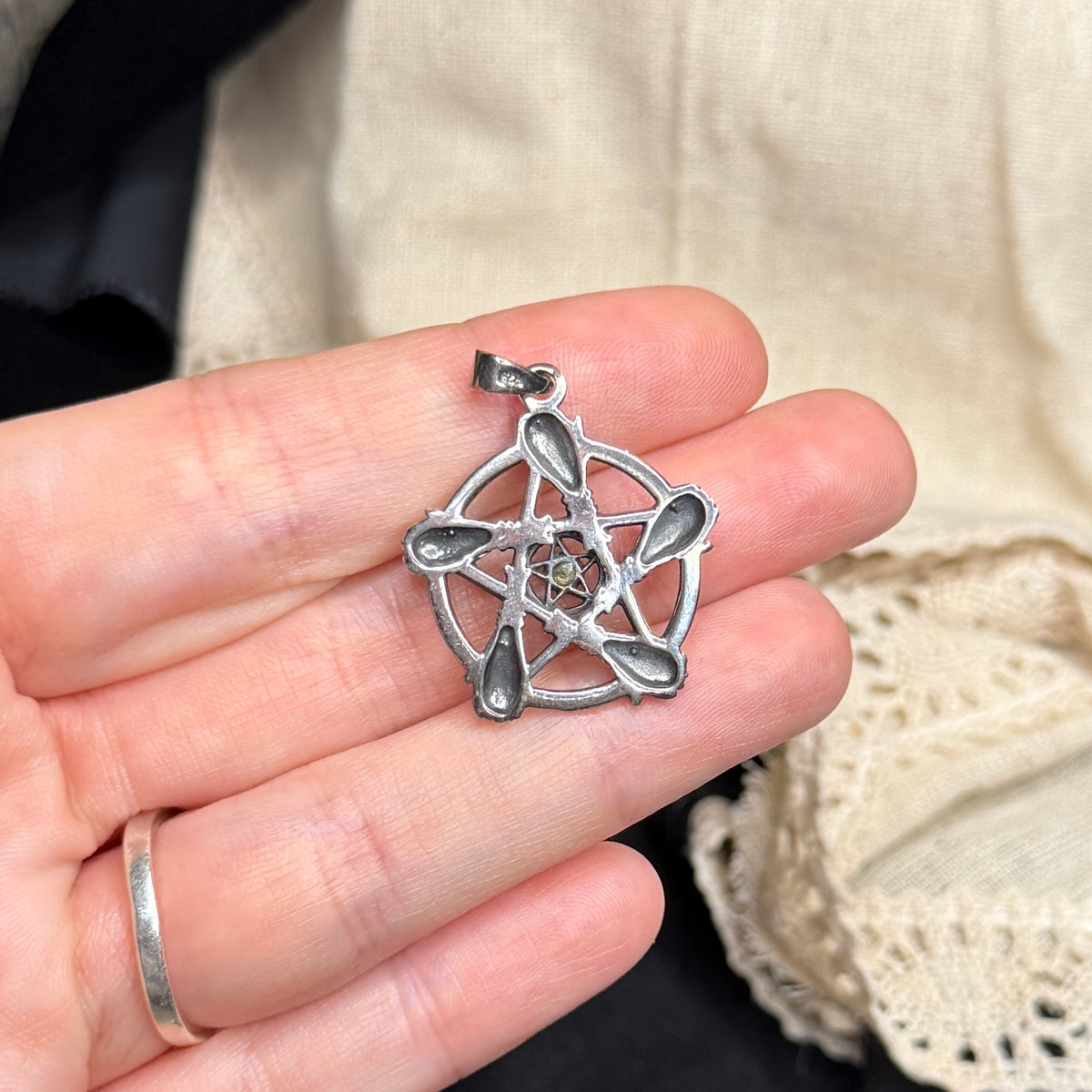 Spooky Sterling Silver Amethyst Witches Broom Pentacle Pendant