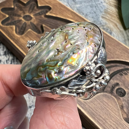 Dreamy Large Artisan Sterling Silver Abalone Shell Floral Ornate Ring size R 1/2