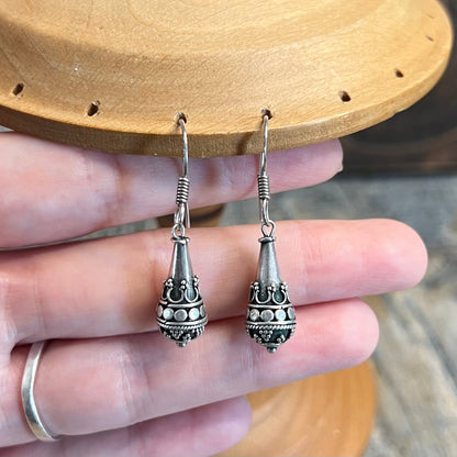 Beautiful Bali Sterling Silver Cone Ornate Filigree Earrings