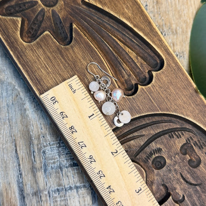 Dreamy Sterling Silver Pearl / Rose Quartz / Mother of Pearl Cluster Drop Earrings
