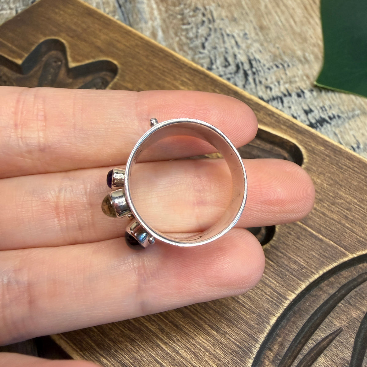 Unusual Sterling Silver Multi Gemstone Cut Out Ring size P