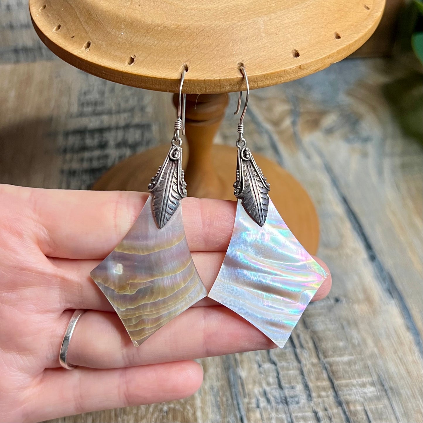 Dreamy Large Sterling Silver Artisan Abalone Ornate Earrings