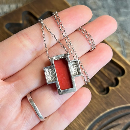 Art Deco Style Sterling Silver Red Brick Chunky Cross Pendant Necklace