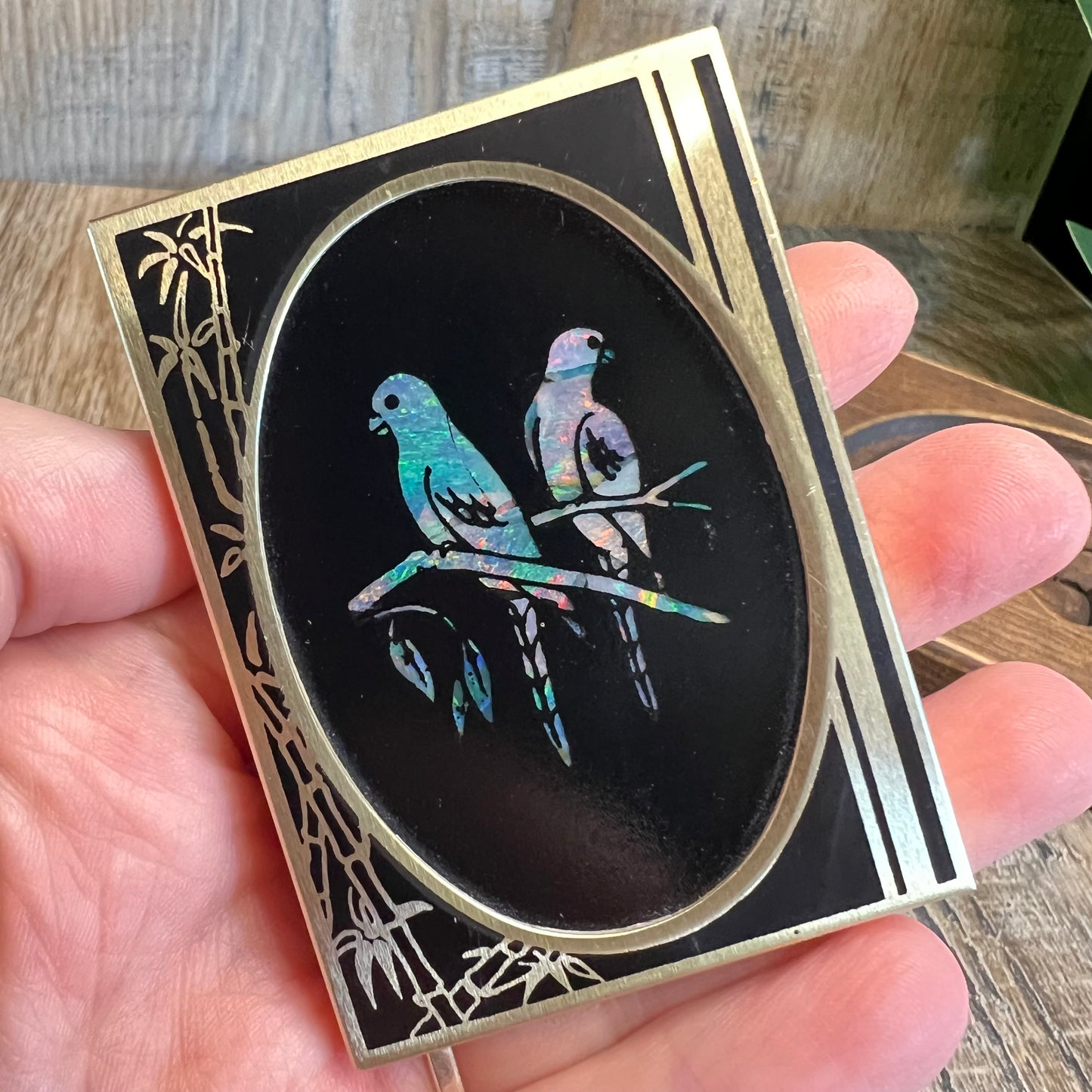 Vintage Miniature Opal Mosaic Birds and Flowers Picture Curios Set of 2