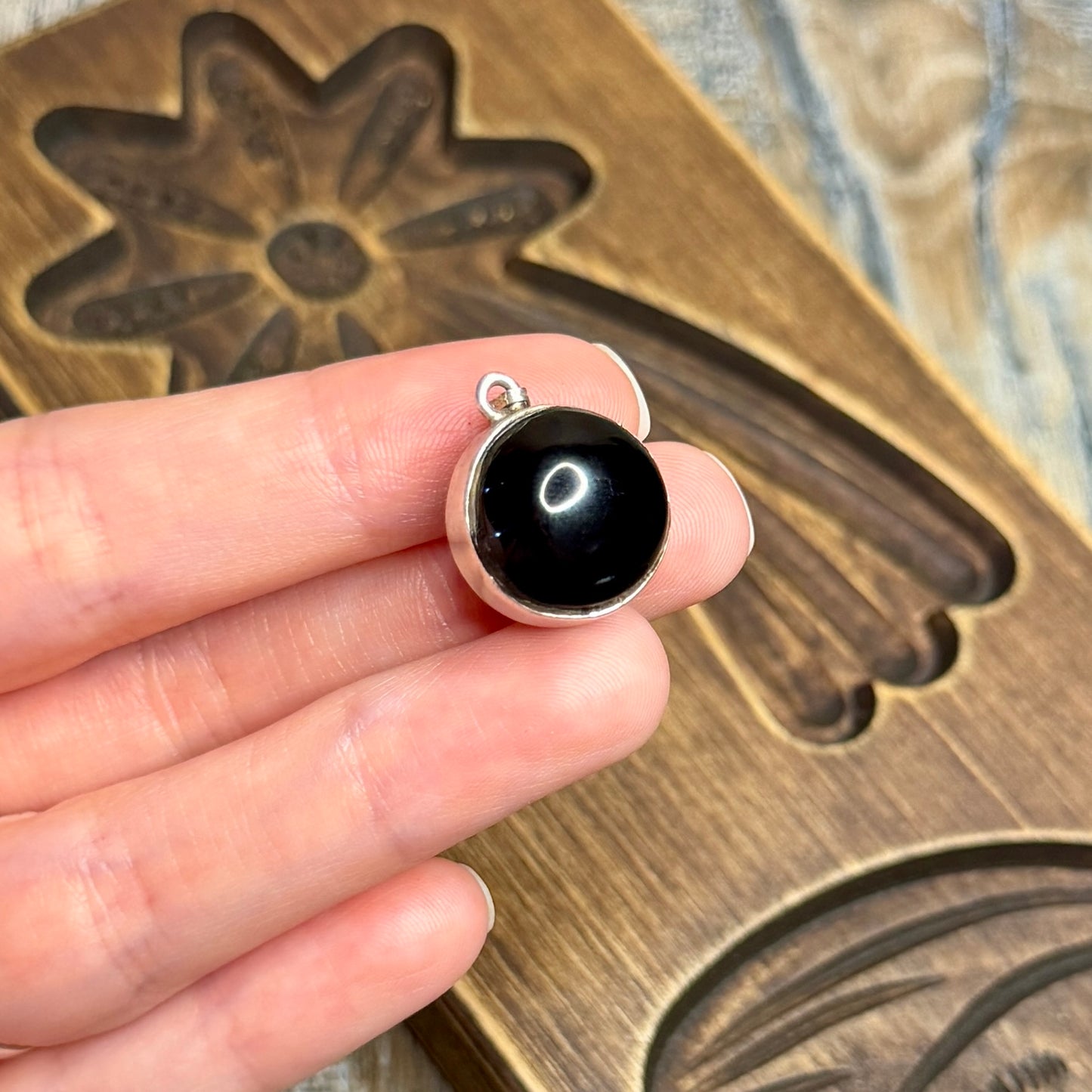 Unusual Whitby Jet Orb Set In Sterling Silver Pendant