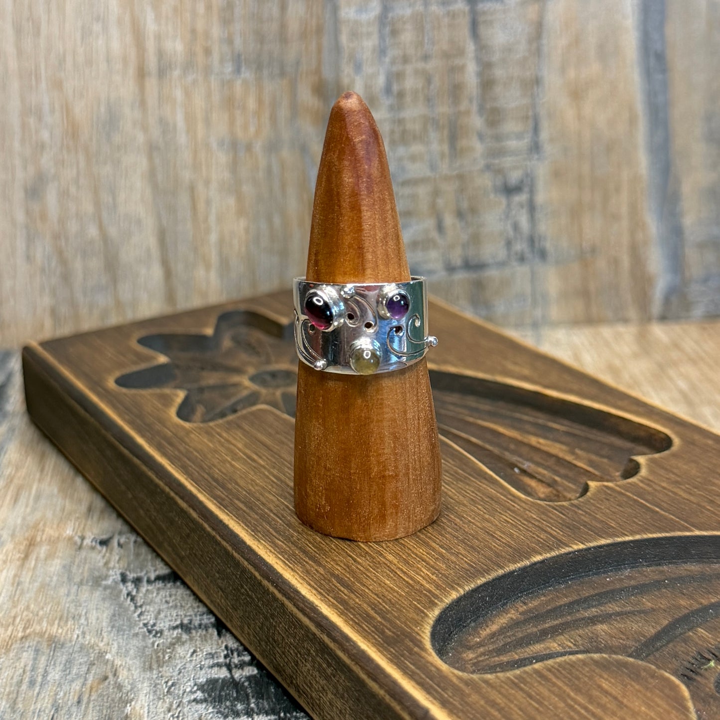 Unusual Sterling Silver Multi Gemstone Cut Out Ring size P