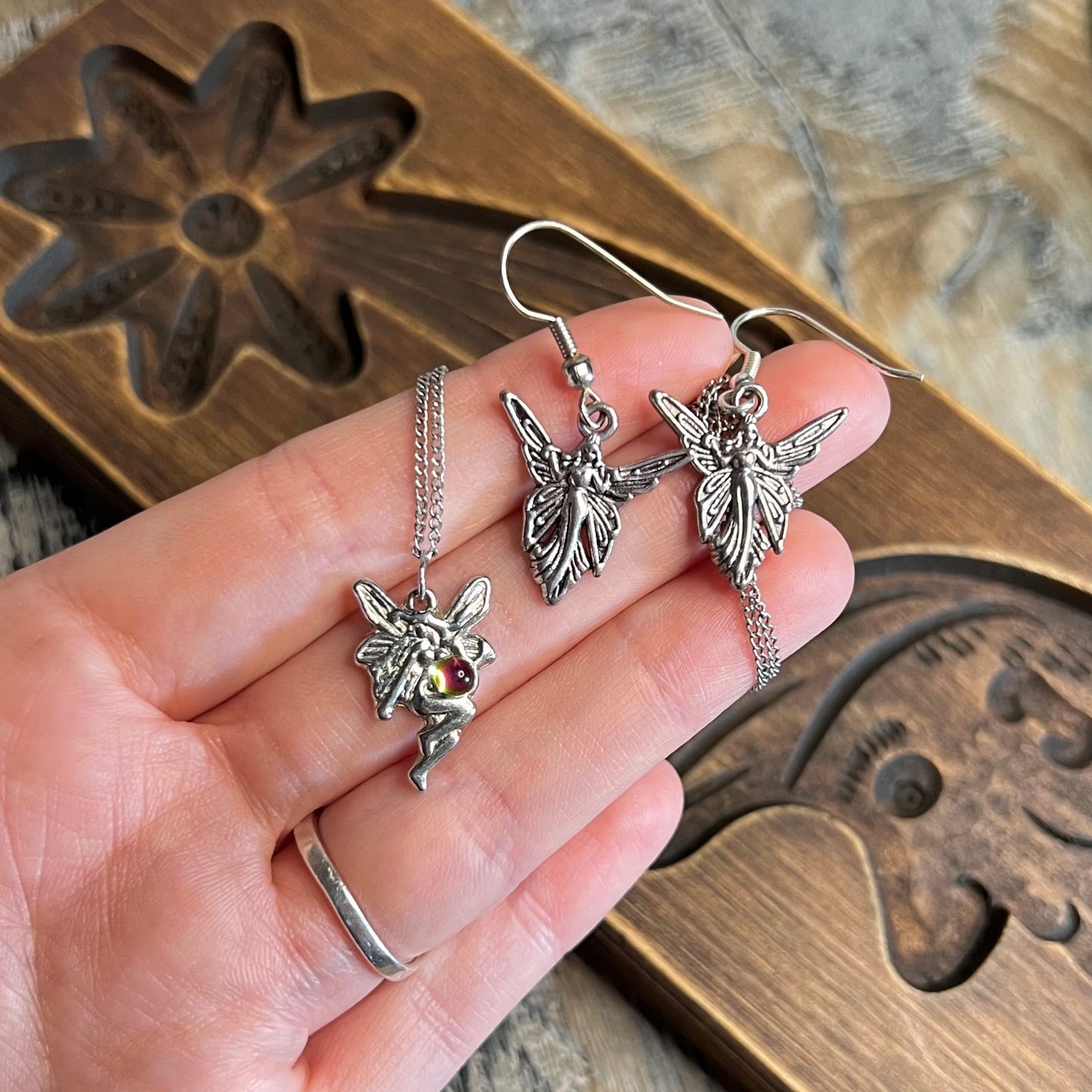 Whimsy 90s Fairy Silver Tone Pendant Necklace and Earrings Set