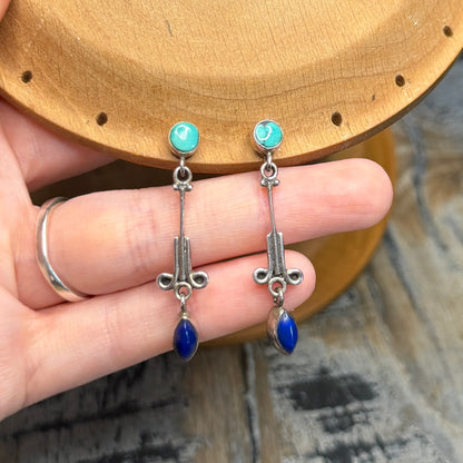 Dreamy Sterling Silver Ornate Turquoise / Lapis Lazuli Drop Earrings