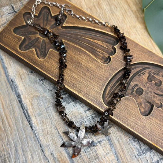 Whimsy Sterling Silver Designer Abstract Flower Smoky Quartz Strand Necklace