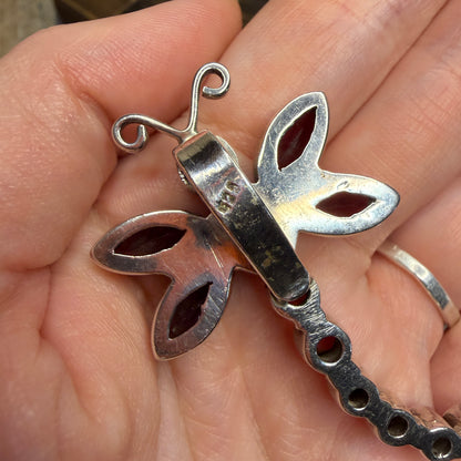 Dreamy Chunky Sterling Silver Faceted Garnet Dragonfly Pendant