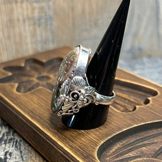 Dreamy Large Artisan Sterling Silver Abalone Shell Floral Ornate Ring size R 1/2