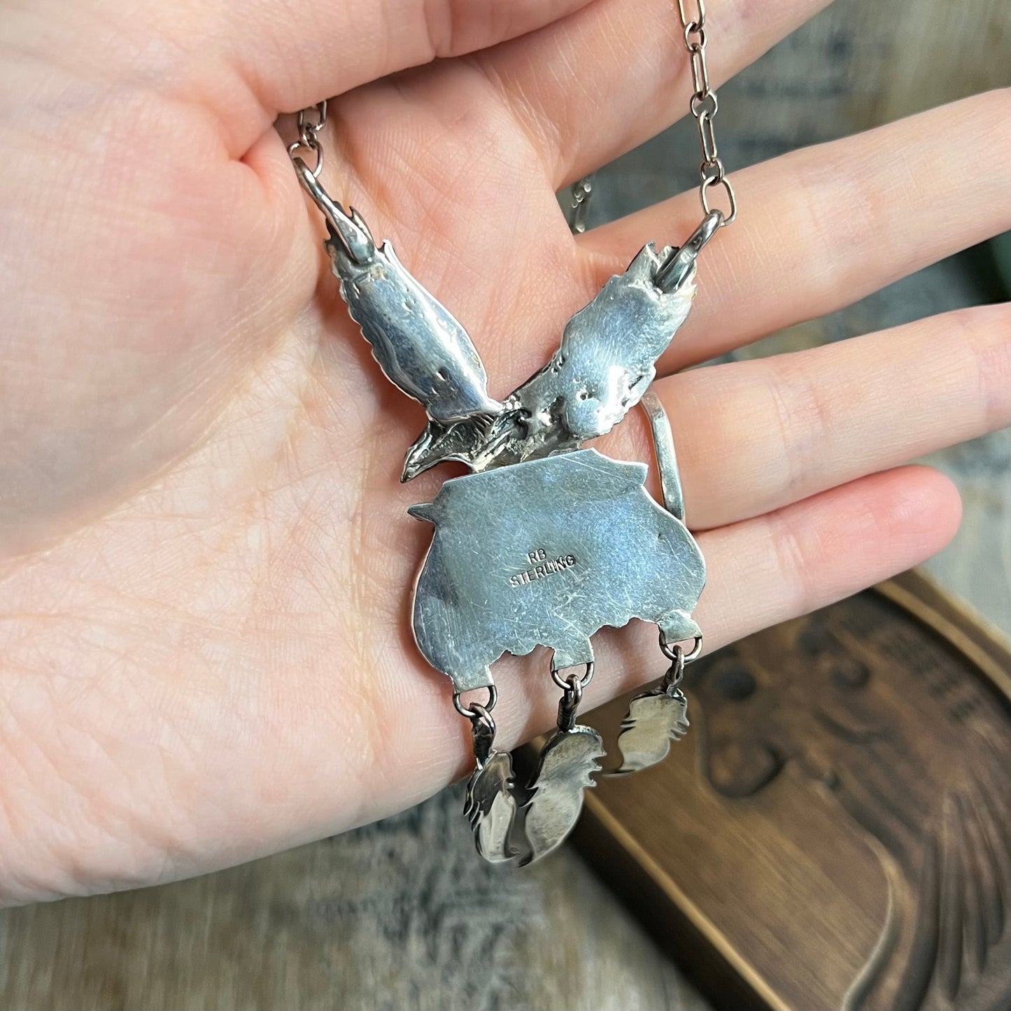 Native American Navajo Richard Begay Sterling Silver with Onyx Eagle Feather Necklace