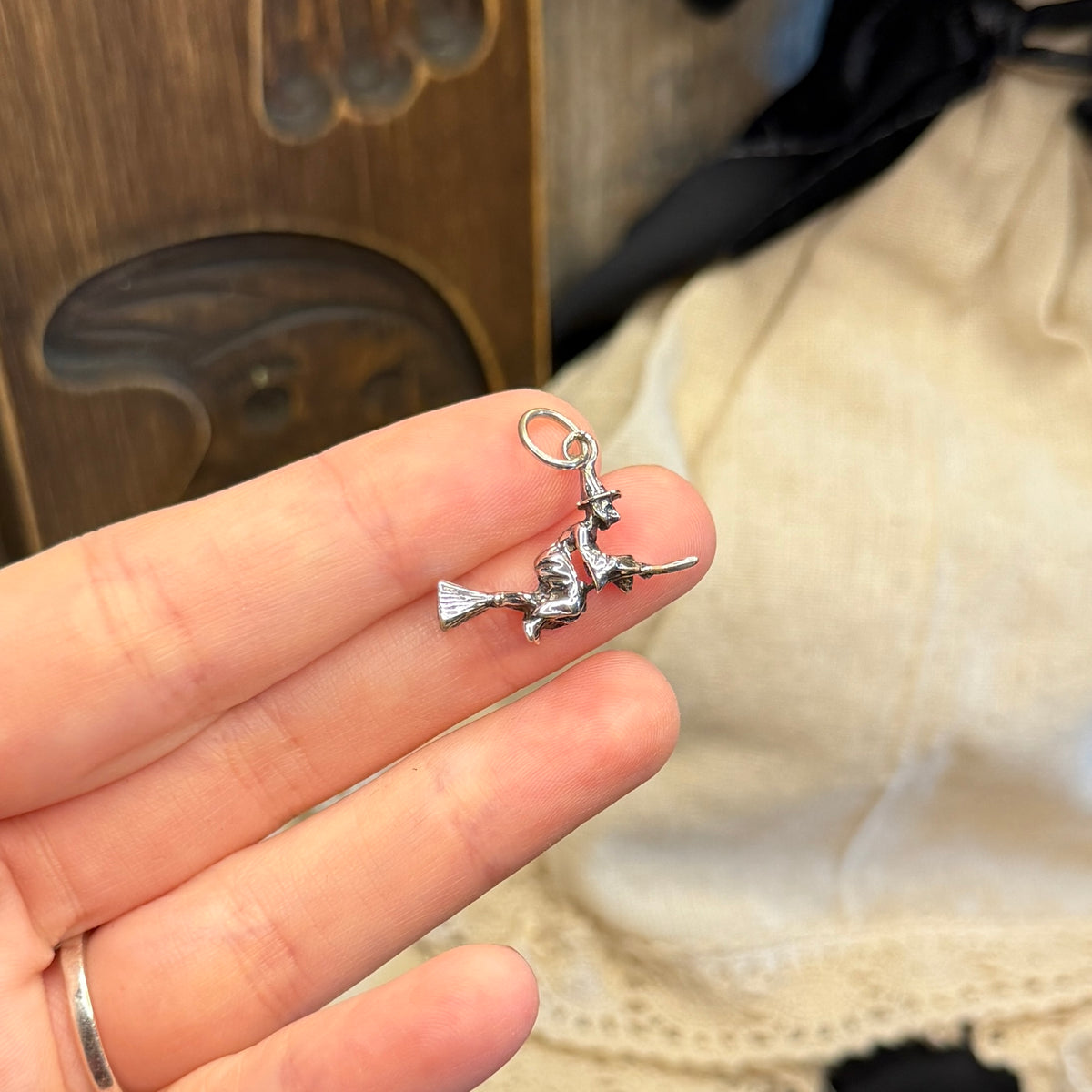 Spooky Sterling Highly Detailed Silver Witch Flying on a Broom Pendant