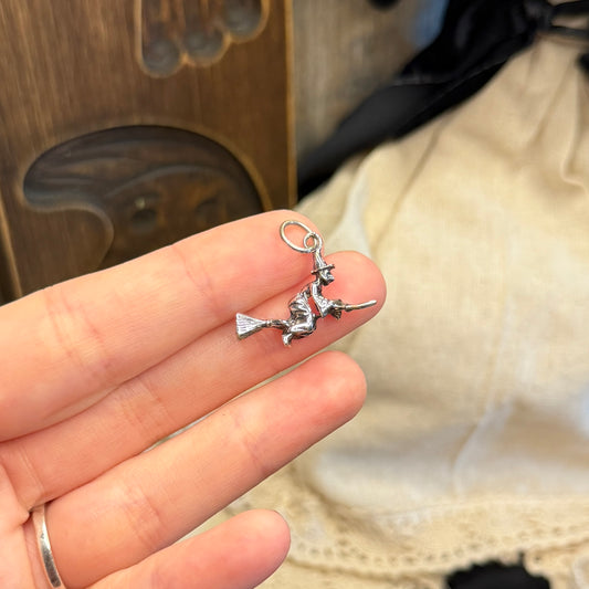 Spooky Sterling Highly Detailed Silver Witch Flying on a Broom Pendant