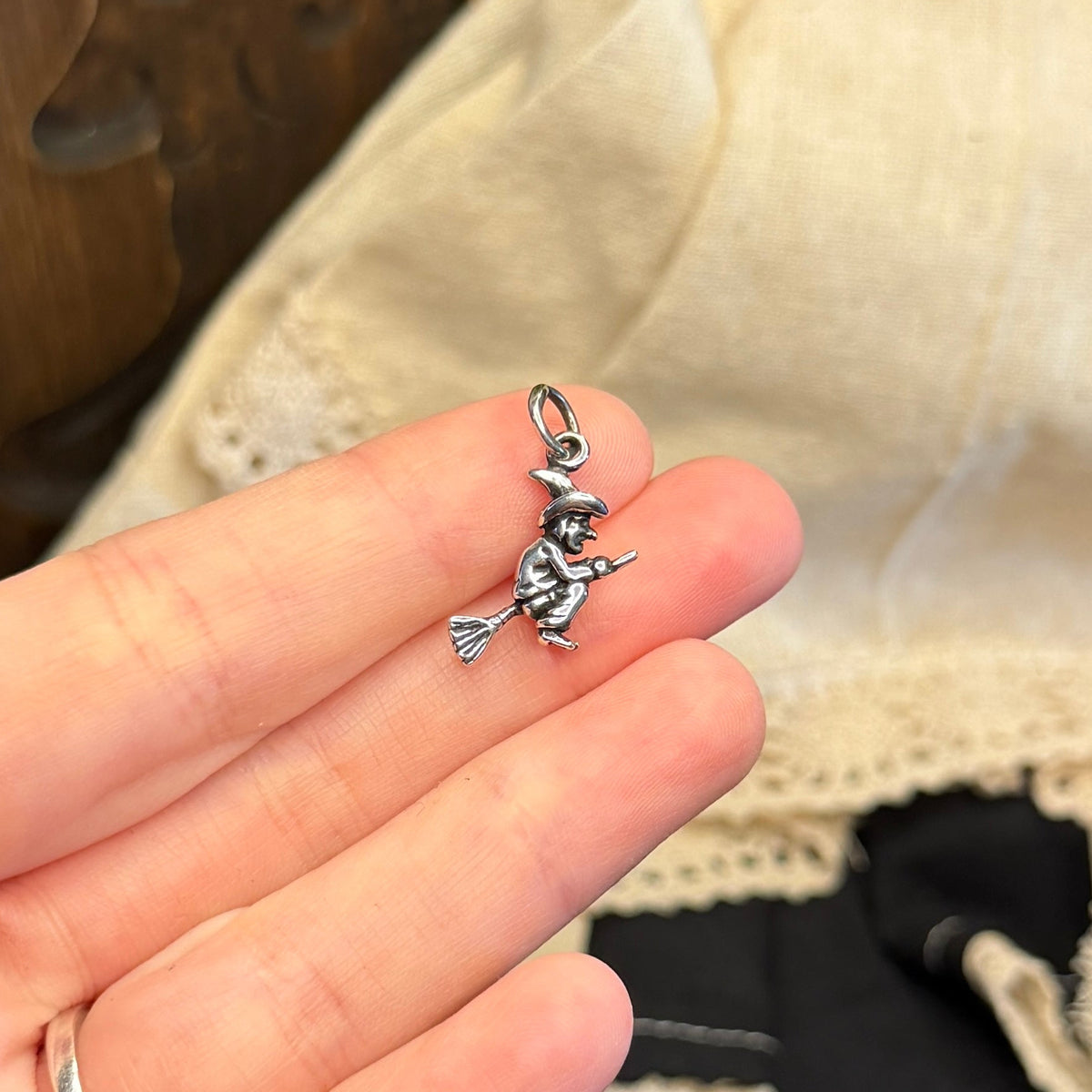 Spooky Sterling Silver Miniature Witch Flying on a Broom Charm / Pendant