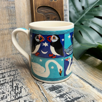 Vintage Karin Von Heerden for McLaggan Smith Mugs Celestial Puffin / Swan Moon Stars Mug