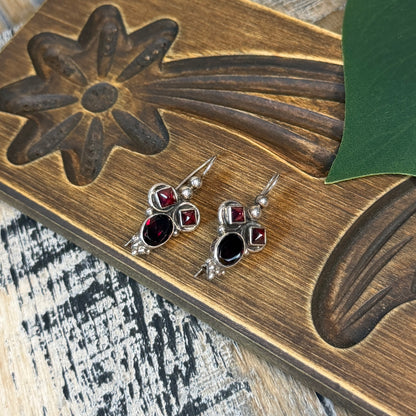Gothic Architecture Style Sterling Silver Garnet Earrings