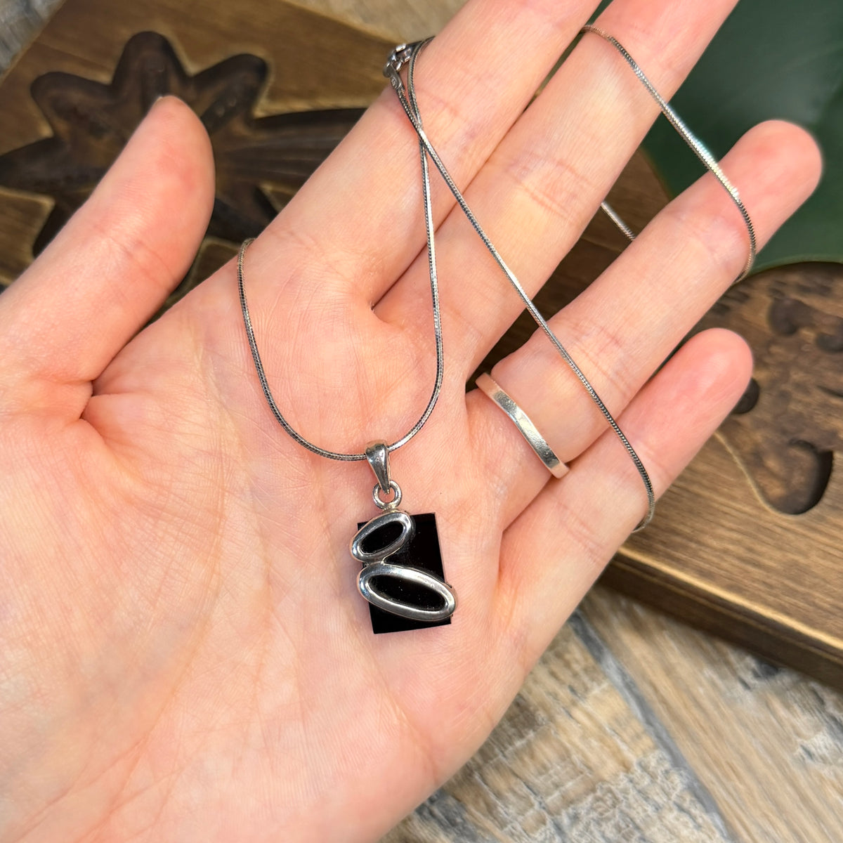 Simple Abstract Sterling Silver Black Onyx Pendant Necklace