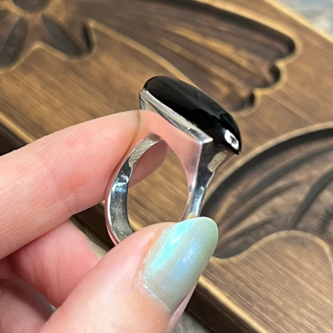 Chunky Modernist Sterling Silver Black Onyx Large Ring Size R 1/2
