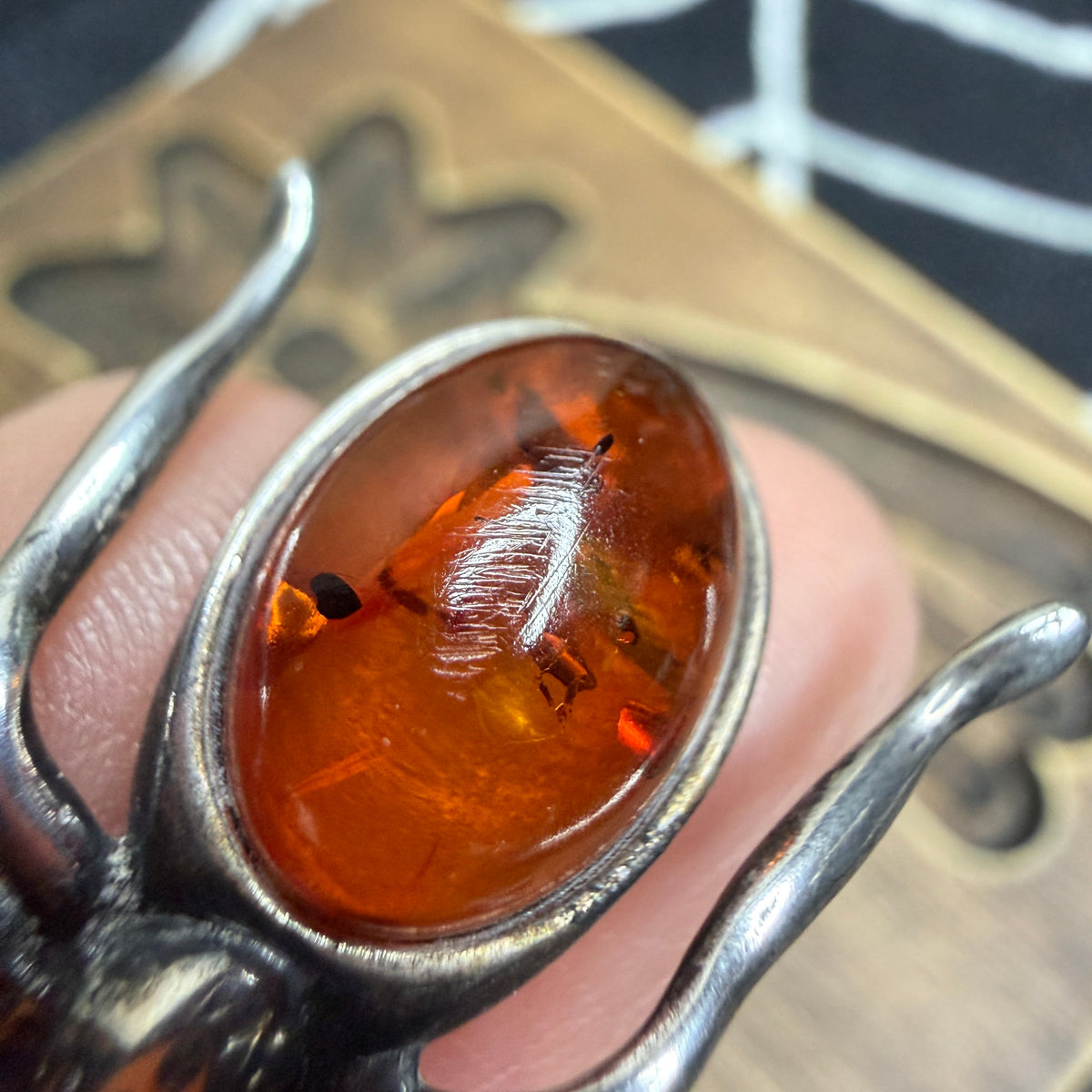 Spooky Sterling Silver Amber Spider Brooch