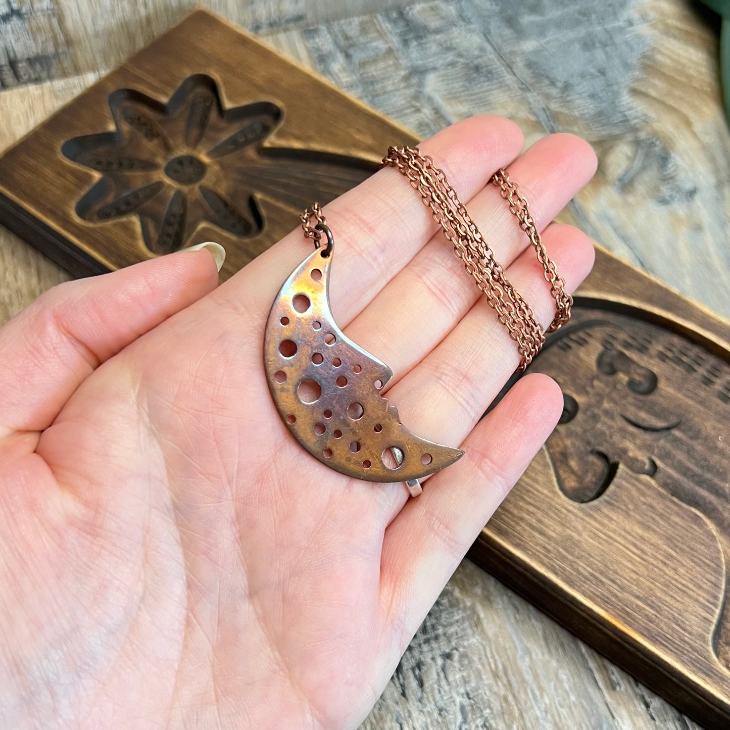 Celestial Artisan Copper Man In The Moon Pendant Necklace