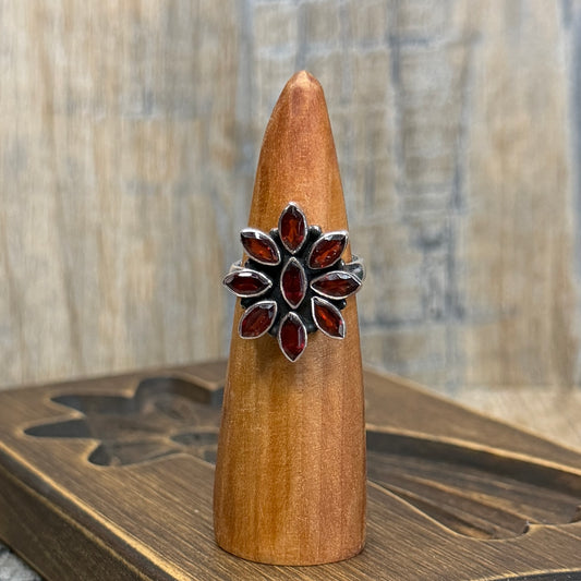 Chunky Sterling Silver Gothic Garnet Flower Ring size L