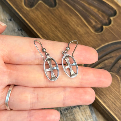Vintage Gothic Sterling Silver Cross Shield Drop Earrings