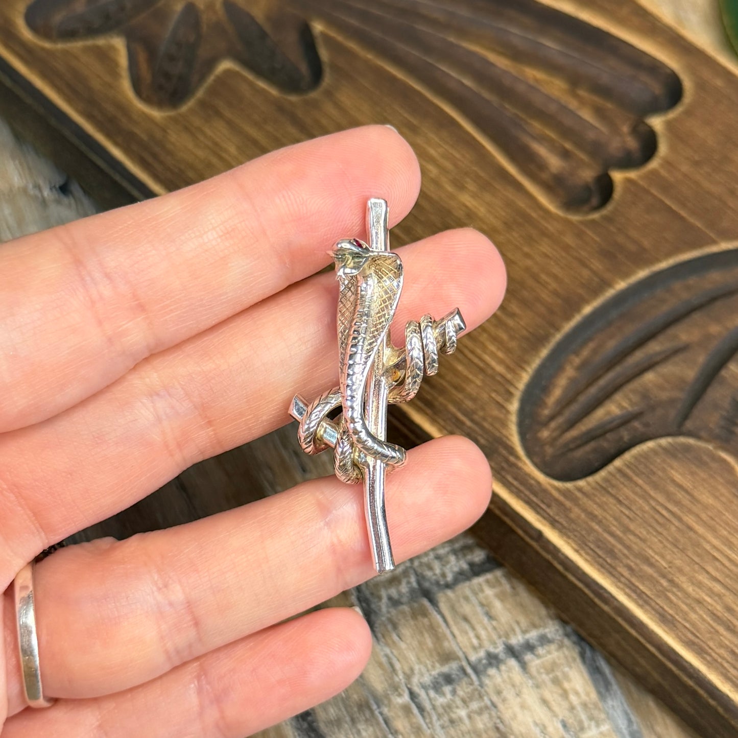 Stunning Artisan Sterling Silver Chunky Ruby Eyed Coiled Snake Pendant