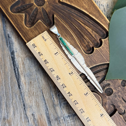 Stunning Large Navajo Michael Kirk Isleta Pueblo Inlaid Green Turquoise Sterling Silver Feather Pendant