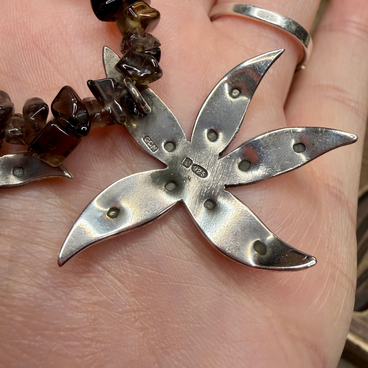 Whimsy Sterling Silver Designer Abstract Flower Smoky Quartz Strand Necklace