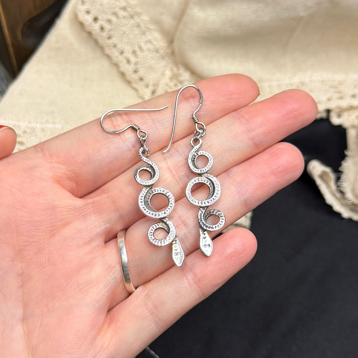 Dreamy Sterling Silver Snake Serpent Drop Earrings