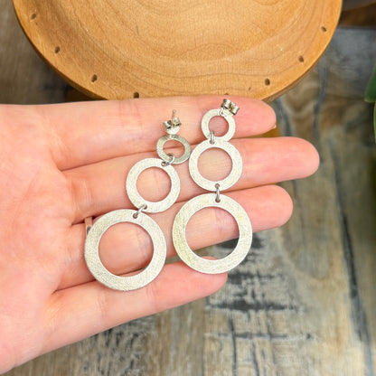Modernist Cut Out Circle Brushed Sterling Silver Earrings