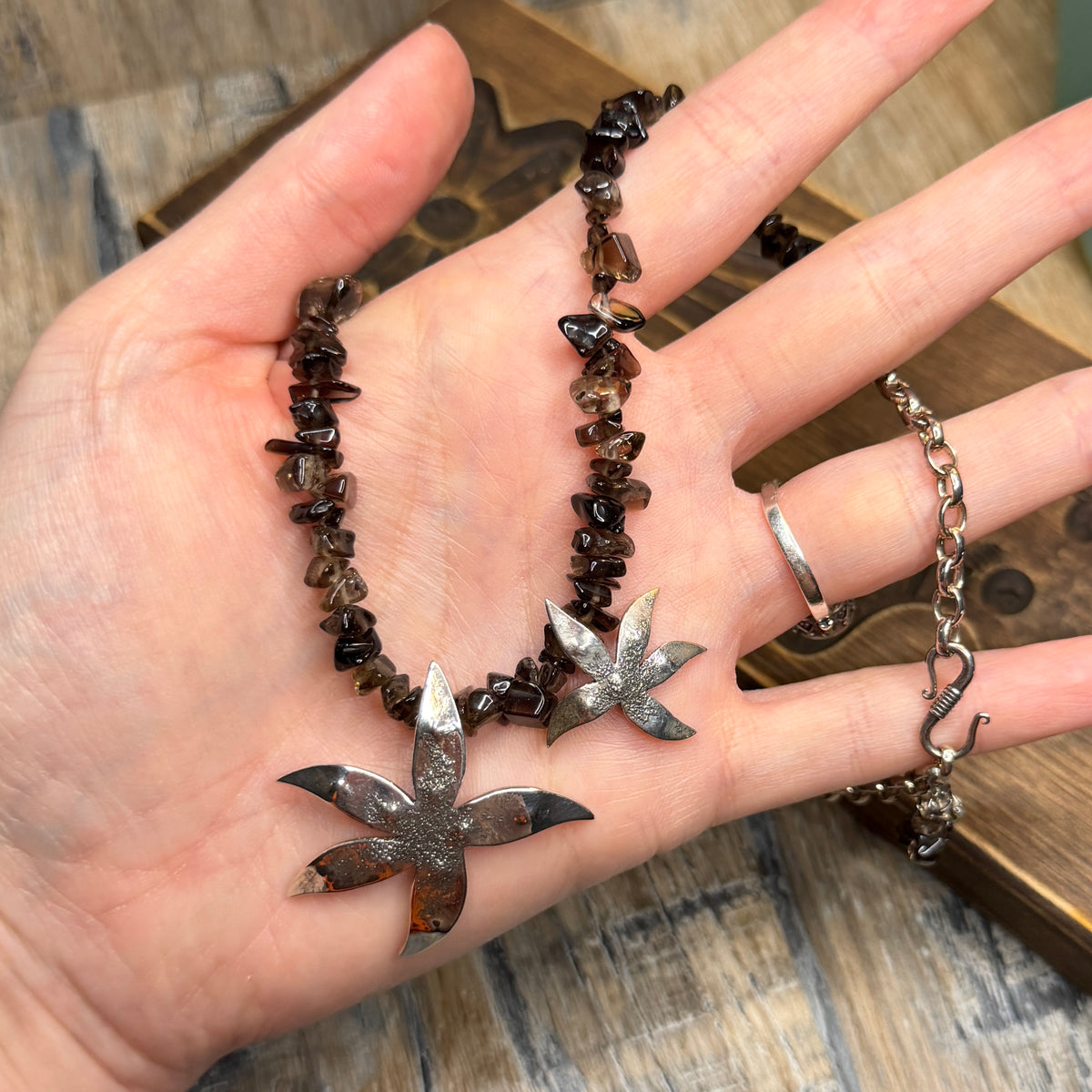 Whimsy Sterling Silver Designer Abstract Flower Smoky Quartz Strand Necklace