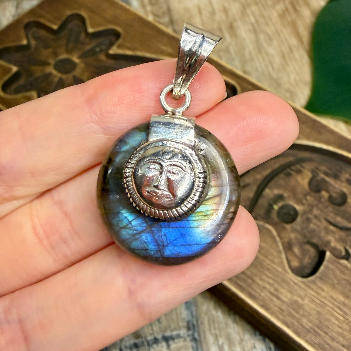 Celestial Sterling Silver Labradorite Sun Face Pendant